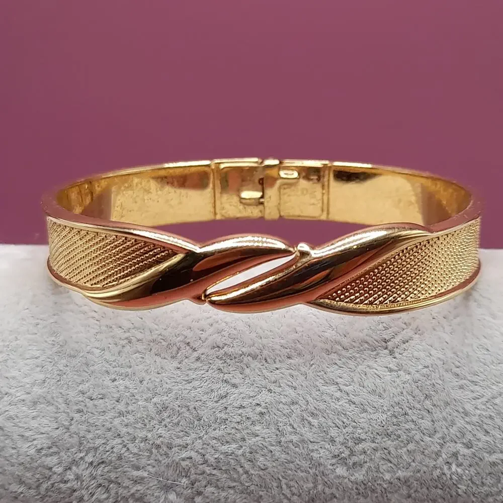 Vintage Monet Hinged Bracelet, Mesh Texture, Gold Tone, 1980s Jewelry